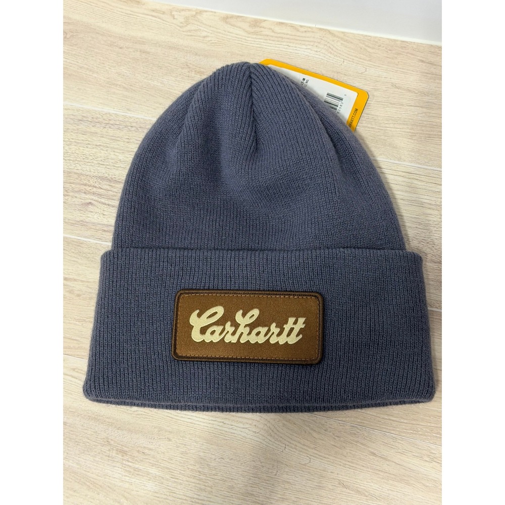 Carhartt Beanie Mens OSFM Gray NWT Script Logo Patch Ribbed Knit Hat